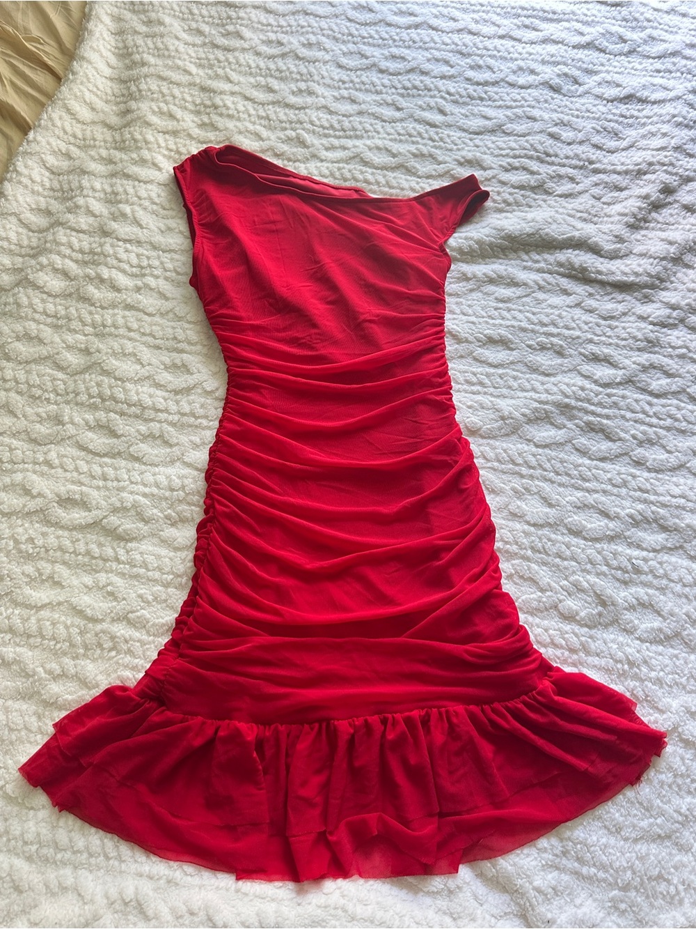 Red One-Shoulder Ruched Ruffle Mini Dress - Picture 6 of 6